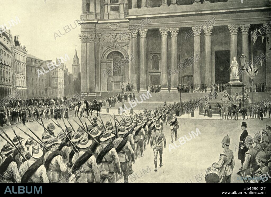 FRANK DADD and STEPHEN T DADD. 'Return of the City Imperial Volunteers: Arrival at St. Paul's Cathedral', 1901. From "South Africa and the Transvaal War, Vol. VI", by Louis Creswicke. [T. C. & E. C. Jack, Edinburgh, 1901].