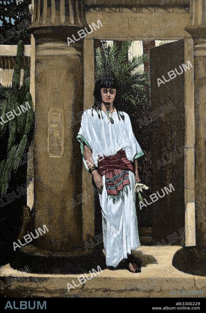 Narmer (Men, Meni o Menes). Faraón Egipcio. El primero de la I Dinastía. Reinó hacia el 3150 a. C. Grabado por M. Weber. Siglo XIX. Coloreado.