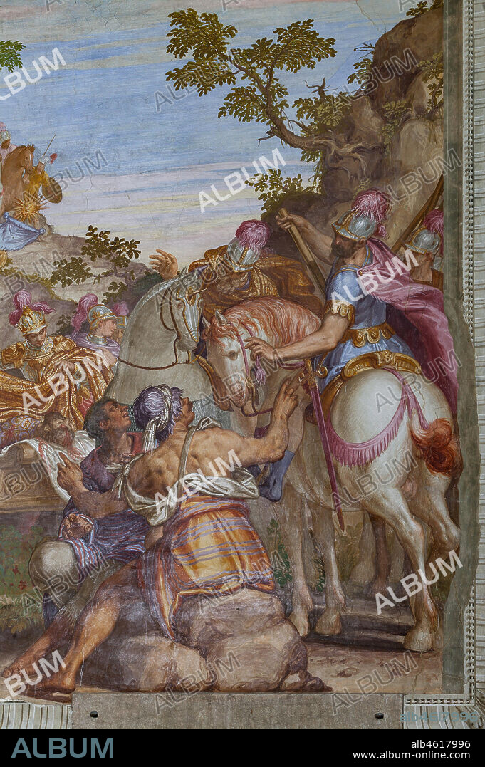 Lonedo di Lugo di Vicenza, Villa Godi Malinverni, main hall. Detail of a wall with, in the centre, Alexander the Great covering the corpse of Darius with a mantle. Frescoes by Giovanni Battista Zelotti, 1561-1565.