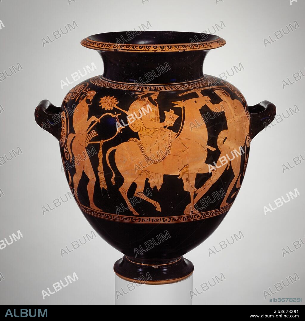 Terracotta stamnos (jar). Culture: Greek, Attic. Dimensions: H. 15 11/16 in. (39.9 cm); diameter of mouth  9 5/16 in. (23.6 cm); diameter of foot  5 3/8 in. (13.7 cm). Date: ca. 440 B.C..
Obverse, Dionysos, the god of wine, on donkey with two satyrs (his male followers)
Reverse, two maenads (female followers of Dionysos) and young satyr.