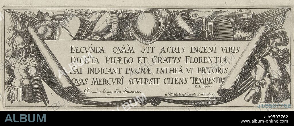 A banderole with a text in Latin is surrounded by various militaria, Banderole surrounded by militaria Cavalry (series title) Faecvnda qvam sit acris ingeni viris dilecta Phaebo et gratys Florentia, sat indicant pvgnae, enthea vi pectoris quas Mercuri sculpsit cliens tempestivs (series title on object), print maker: Simon Frisius, Antonio Tempesta, (mentioned on object), R. Lubbaeus, (mentioned on object), print maker: Northern Netherlands, Italy, publisher: Amsterdam, 1608 - 1639, paper, etching, engraving, h 97 mm × w 275 mm.