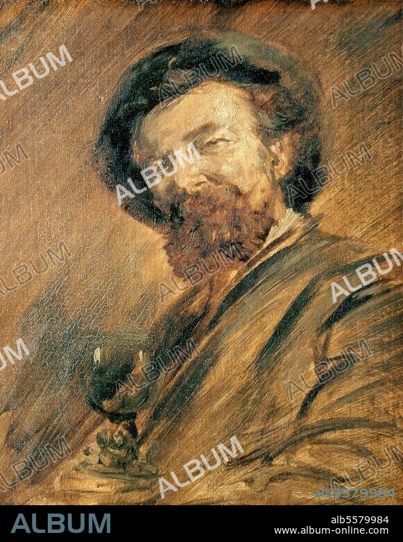 WILHELM BUSCH. Busch, Wilhelm Maler, Zeichner und Dichter, Wiedensahl (Hannover) 15.4.1832 - Mechtshausen 9.1.1908. "Selbstbildnis mit Weinglas", 1869/72. Öl / Holz, 33,9 × 28,3 cm. München, Neue Pinakothek.