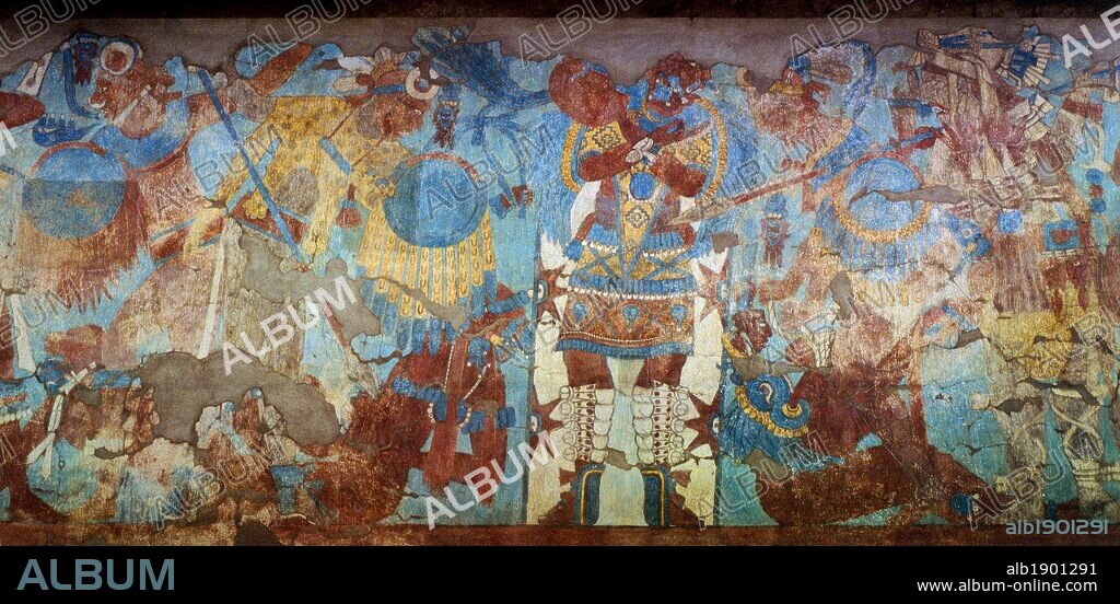 Detail of a fresco depicting a battle scene. From the archaeological site in Cacaxtla (Tlaxcala, Mexico). Mayan Civilization, 9th Century.