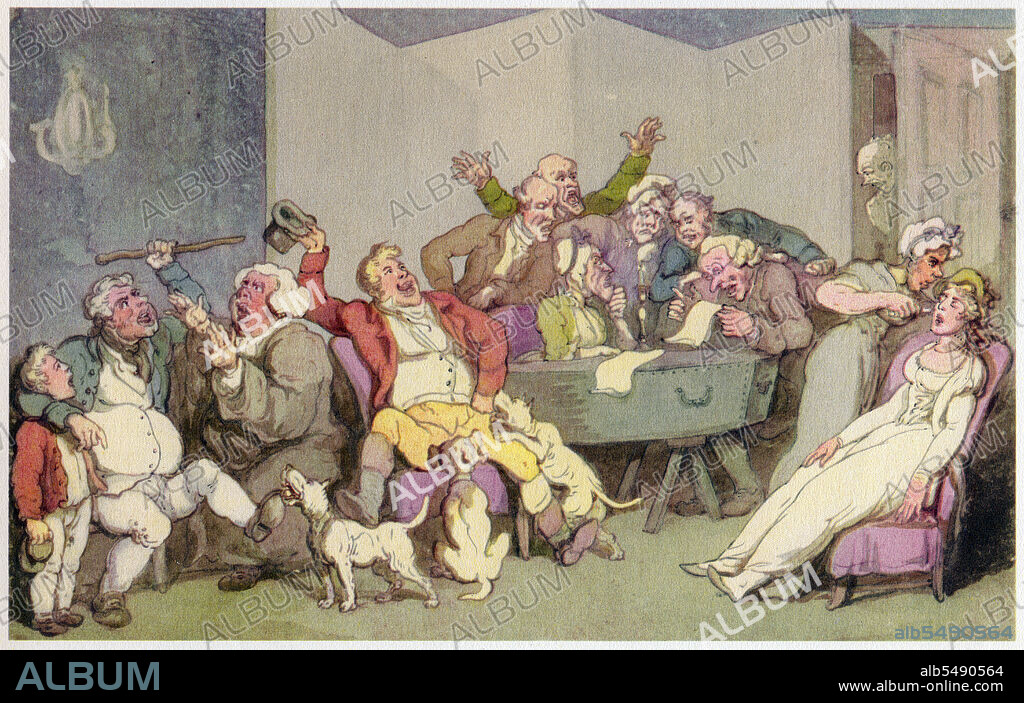 Reading the Will, c1780-1825. 'Here is a brilliant example of Rowlandson's genius at capturing human emotions. This scene...becomes a humorous study of variously affected would-be inheritors, as the family lawyer reads the will over the remains of the now forgotten relative. We have the outraged individual...whom the parson is vainly trying to pacify,...the young lady...who has fainted...the eaves-dropper in the background, who looks upon the close relatives grouped around the bewildered widow. In the center, the young and perhaps undeserving principal inheritor, completely ignored by the rest, gives vent to his feelings at sudden good fortune, admired only by his perplexed canine friends'. From "The Watercolour Drawings of Thomas Rowlandson from the Albert H. Wiggin Collection in the Boston Public Library" with commentary by Arthur W. Heintzelman. [Watson-Guptill Publications, Inc., New York, 1947].