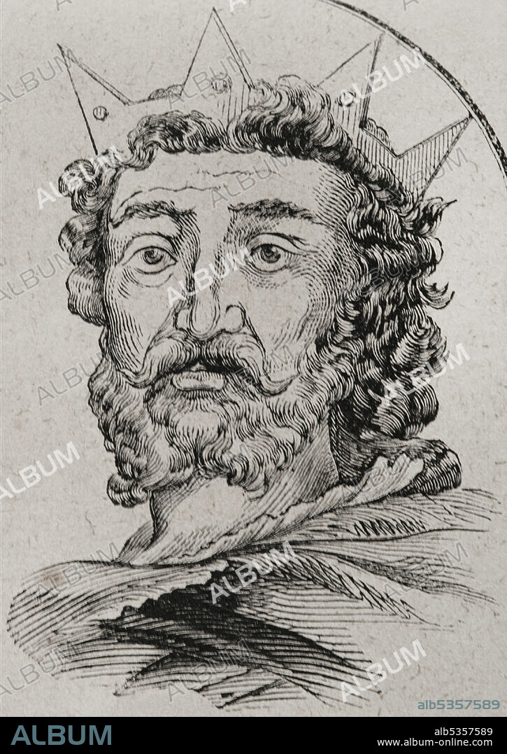 Alfonso III the Great (c.838-910). King of Asturias (866-910). Astur-Leonese dynasty. Portrait. Engraving. Las Glorias Nacionales. Volume II, Madrid-Barcelona edition, 1853.