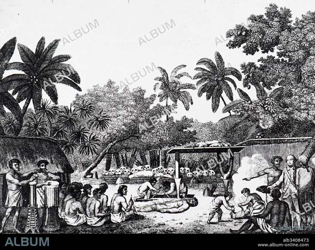 Engraving depicting Captain James Cook witnessing a human sacrifice in Tahiti. James Cook (1728-1779) a British explorer, navigator, cartographer, and Captain in the Royal Navy. Dated 19th Century.