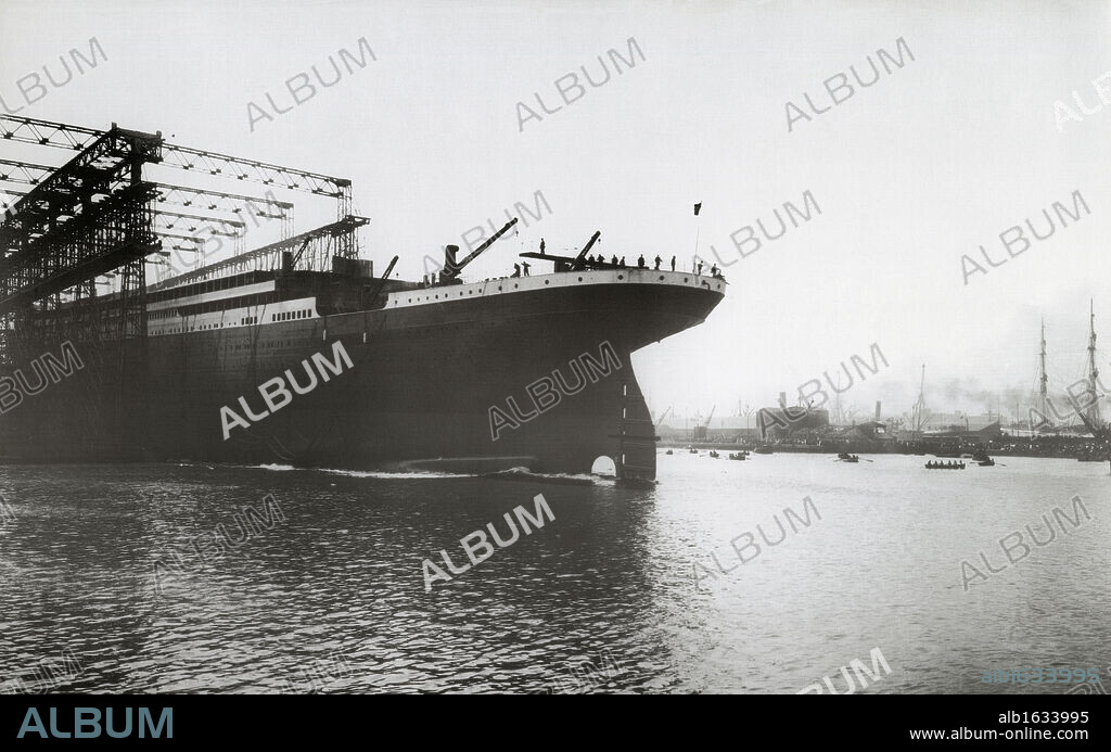 Launch of RMS Titanic. Launch of RMS Titanic, May 31st 1911. The White Liner, built by Harland & Wolff in Belfast, left Southampton and Cherbourg on her maiden voyage to New York on April 10th 1912. The steamship sank on April 15th 1912 off the coast of New Foundland after striking an iceberg with the loss of 1,635 passengers and crew. (Photo by Titanic Images/Universal Images Group).