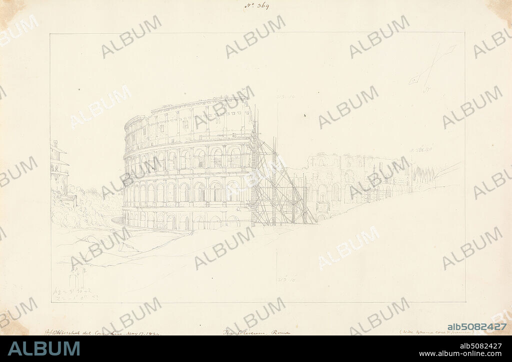 The Coliseum, Rome, Sir John Frederick William Herschel, first Baronet, 17921871, British, 1824, Graphite camera lucida drawing on medium, smooth, cream wove paper, Mount: 10 × 15 1/4 inches (25.4 × 38.7 cm) and Sheet: 8 × 12 1/4 inches (20.3 × 31.1 cm), architectural subject, coliseum, Colosseum, Italy, Rome.