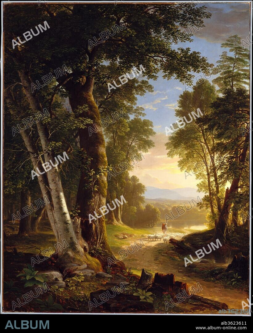 The Beeches. Artist: Asher Brown Durand (American, Jefferson, New Jersey 1796-1886 Maplewood, New Jersey). Dimensions: 60 3/8 x 48 1/8 in. (153.4 x 122.2 cm). Date: 1845.
This work, featuring meticulously rendered beech and basswood trees, was painted for the New York collector Abraham M. Cozzens, then a member of the executive committee of the American Art-Union. The painting illustrates a new trend in the work of the Hudson River School, with its diminished emphasis on sublime drama and increased interest in naturalism and in the creation of a tranquil mood. Durand was influenced by the work of the English landscape painter John Constable, whose vertical formats and truth to nature he absorbed while visiting England in 1840. "The Beeches" resembles Constable's "The Cornfield" (National Gallery, London). This work is also the first one Durand based on a plein-air  oil sketch, a technique the artist increasingly relied upon to reproduce accurately conditions of light and shade.