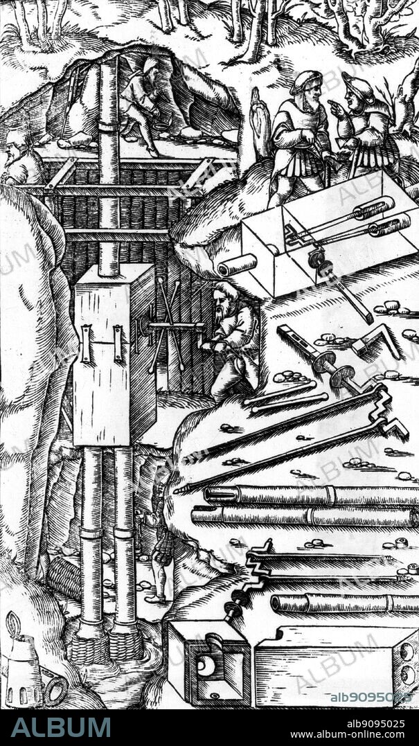 An engraving from De Re Metallica by Georg Agricola shows a piston pump for extracting water from mines. Crankshafts and connecting rods lie alongside. Agricola, a physician, worked in Joachimsthal, and his book became the standard work on mining for over 200 years.