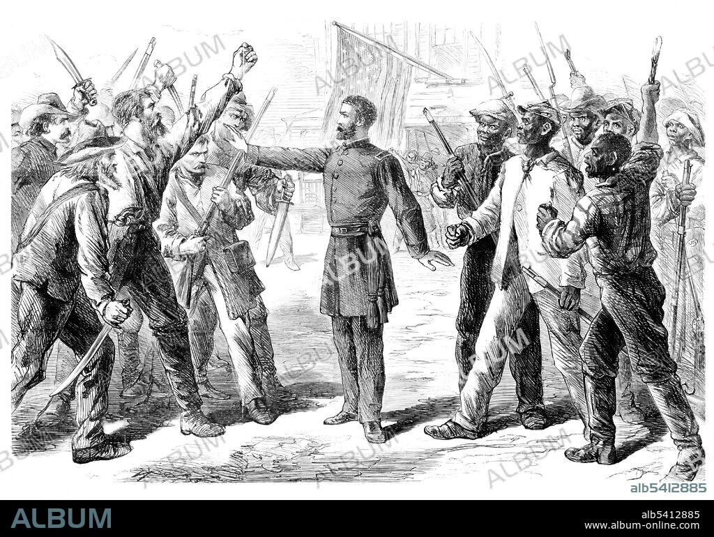 Man representing the Freedman's Bureau stands between armed groups of Euro-Americans and Afro-Americans. In the United States, the terms freedmen and freedwomen refer to former slaves emancipated during and after the American Civil War, by the Emancipation Proclamation and the 13th Amendment. To help freedmen transition from slavery to freedom, President Abraham Lincoln created the Freedmen's Bureau, which assigned agents throughout the former Confederate states. The Freedmen's Bureau helped African Americans find family members from whom they had become separated during the war. The Bureau also founded schools to educate freedmen, both adults and children. Engraving by Alfred Rudolph Waud for Harper's Weekly, July 25, 1868.
