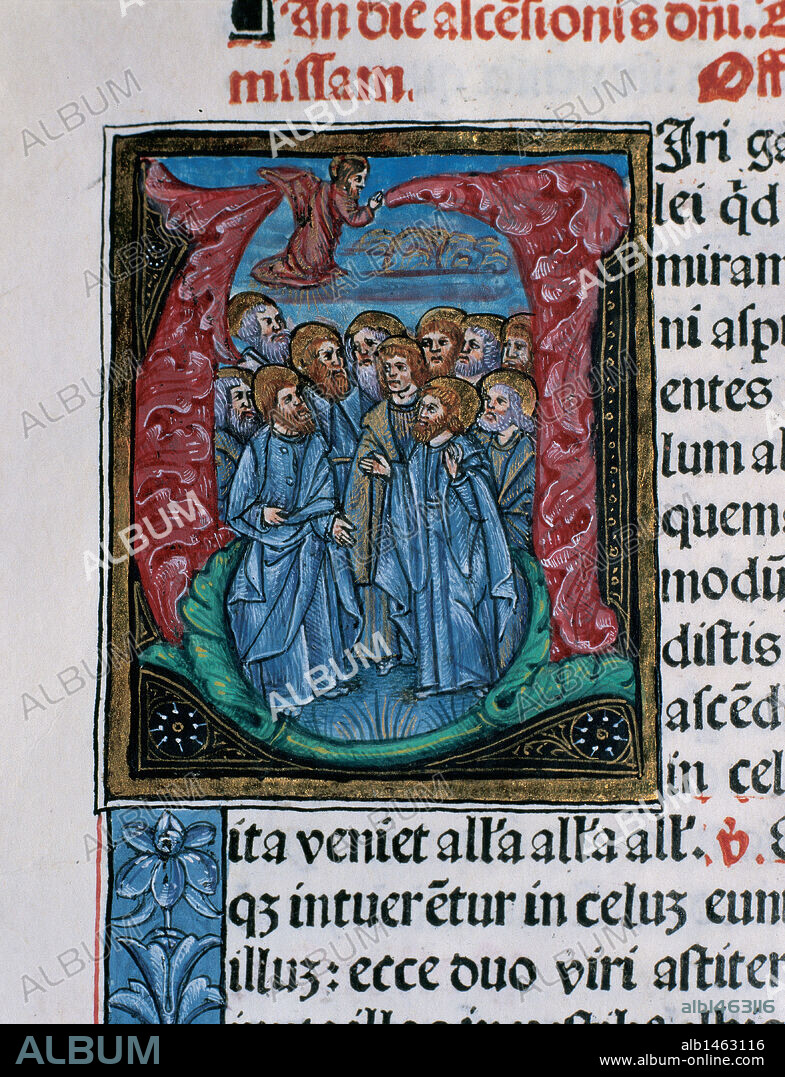 Letra capitular con la REPRESENTACION DE LA "ASCENSION DEL SEÑOR ANTE LOS APOSTOLES". "MISAL" del siglo XVI, escrito en latín. Códice 9. Impreso en el año 1524 en la Imprenta Rosembach (Barcelona). Archivo Capitular de Tortosa. Provincia de Tarragona. Cataluña.