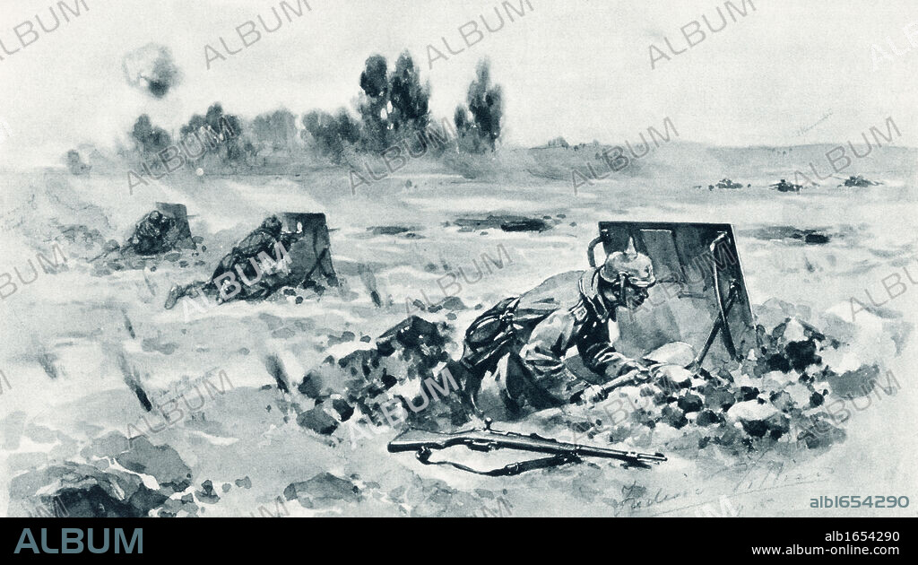 German soldiers using trench shields to protect them from enemy fire during the First World War. From The Illustrated War News published 1915.