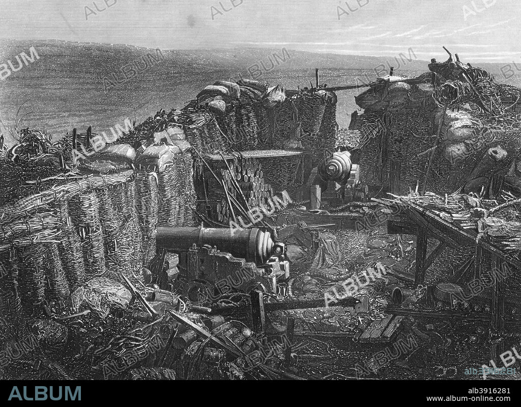 The Redan, view of a portion of the interior, Crimean War, (1857). A redan was a fort or gun emplacement. Engraving from England's Battles by Sea and Land, Volume V, Russia and Turkey, (The London Printing and Publishing Company, 1857).