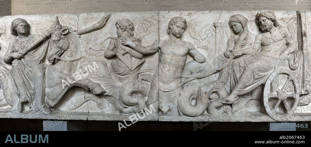 Roman Art. Altar of Domitius Ahenobarbus or ÒStatue Base of Marcus AntoniusÓ, relief freize of a monumental statue group base. Sea thiasos for the wedding of Poseidon and Amphitrite, 2nd half of the 2nd century BC. (about 150 B.C.). Detail: Poseidon and Amphitrite in the bridal carriage, drawn by two Tritons playing music and Doris, mother of Amphitrite, carrying two torches to light the procession; Erotes  (front panel). Glyptothek. Munich. Germany.