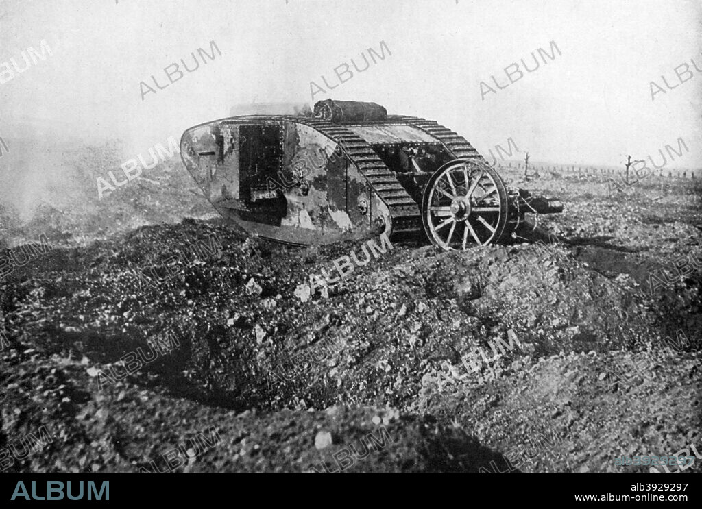 A tank in action on the Western Front, Somme, France, First World War, 1914-1918, (c1920). Illustration from The Illustrated War Record of the Most Notable Episodes in the Great European War 1914-1918, seventh edition, (The Swarthmore Press Ltd, London, c1920).