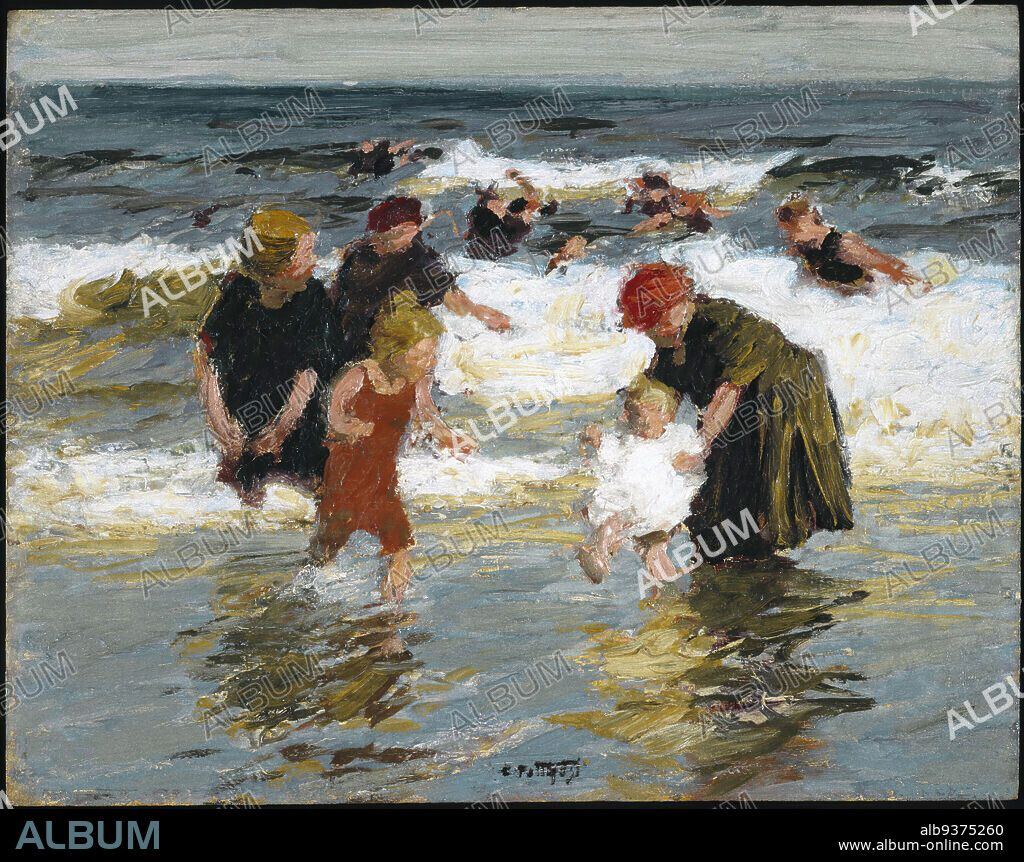 Bathers, Edward Henry Potthast, American, 1857-1927, Oil on panel, ca. 1913, 12 5/8 x 16 in., 32 x 40.7 cm, 20th Century, american, american art, Bathers, bathing costume, Beach, ca. 1913, Children, Edward Henry Potthast, figures, ndd12, Ocean, oil on panel, painterly, Painting, Potthast, Reflection, Shore, summer, Swimmers, Waves, Woman.