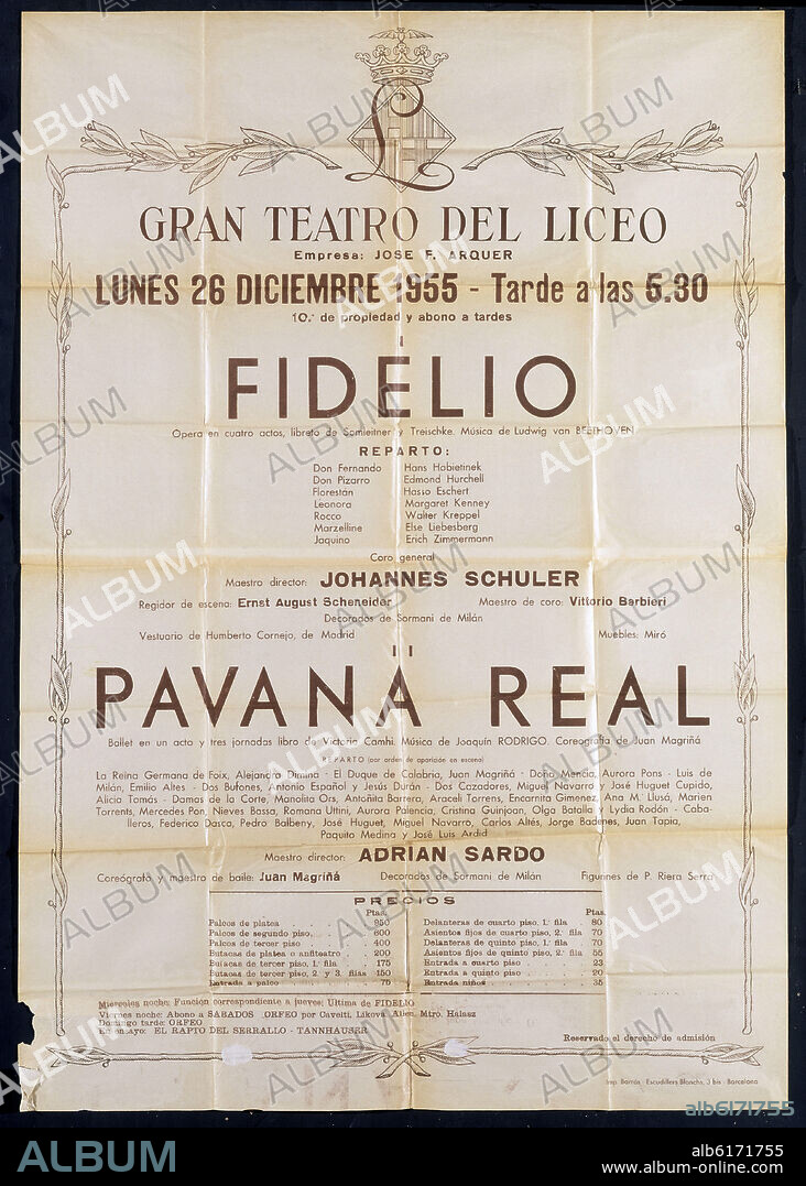 CARTEL DEL TEATRO DEL LICEO-OPERA DE FIDELIO Y BALLET PAVANA REAL-1955.