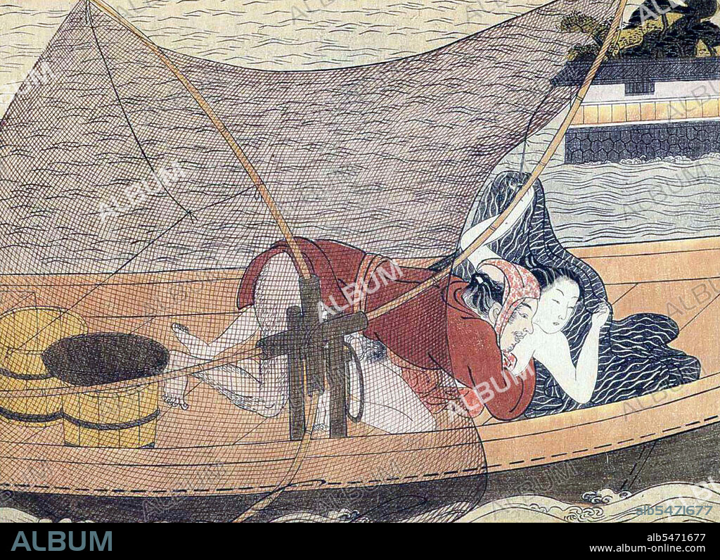 Shunga is a Japanese term for erotic art. Most shunga are a type of ukiyo-e, usually executed in woodblock print format. While rare, there are extant erotic painted handscrolls which predate the Ukiyo-e movement. Translated literally, the Japanese word shunga means picture of spring; 'spring' is a common euphemism for sex. The ukiyo-e movement as a whole sought to express an idealisation of contemporary urban life and appeal to the new chi nin class. Following the aesthetics of everyday life, Edo period shunga varied widely in its depictions of sexuality. As a subset of ukiyo-e it was enjoyed by all social groups in the Edo period, despite being out of favour with the shogunate. Suzuki Harunobu (1724 July 7, 1770) was a Japanese woodblock print artist, one of the most famous in the Ukiyo-e style. He was an innovator, the first to produce full-color prints (nishiki-e) in 1765, rendering obsolete the former modes of two- and three-color prints. Harunobu used many special techniques, and depicted a wide variety of subjects, from classical poems to contemporary beauties (bijin, bijin-ga). Like many artists of his day, Harunobu also produced a number of shunga, or erotic images.