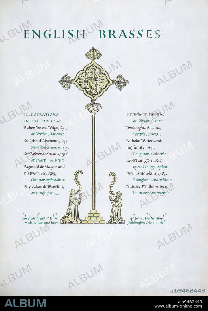 English Brasses, Illustration of Jon Mulsho and his wife Joan, John Woodcock, a twentieth-century calligrapher, hand wrote, illustrated, and bound this book on English Brasses. The manuscript contains drawings of brass rubbings of many knights and nobles, including Sir John d'Abernon, Thomas de Hope, and Nichol de Gore, as well as noble women such as the wives of Reginald de Malyns, Nicholas Wadham, and Nicholas Wotton.