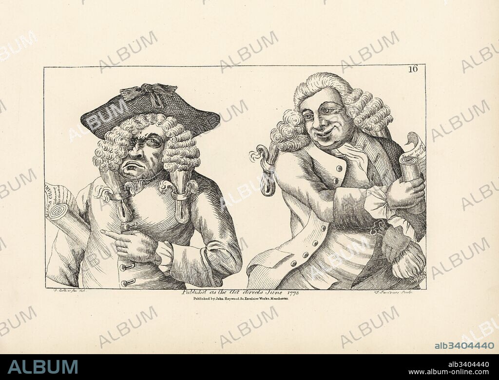 Caricature of two politicians both holding the Magna Carta. Whigs pick our pockets, tories make us poor! Copperplate engraving by Thomas Sanders after a satirical illustration by John Collier (Timothy Bobbin) in Human Passions Delineated, John Haywood, Manchester, 1773.