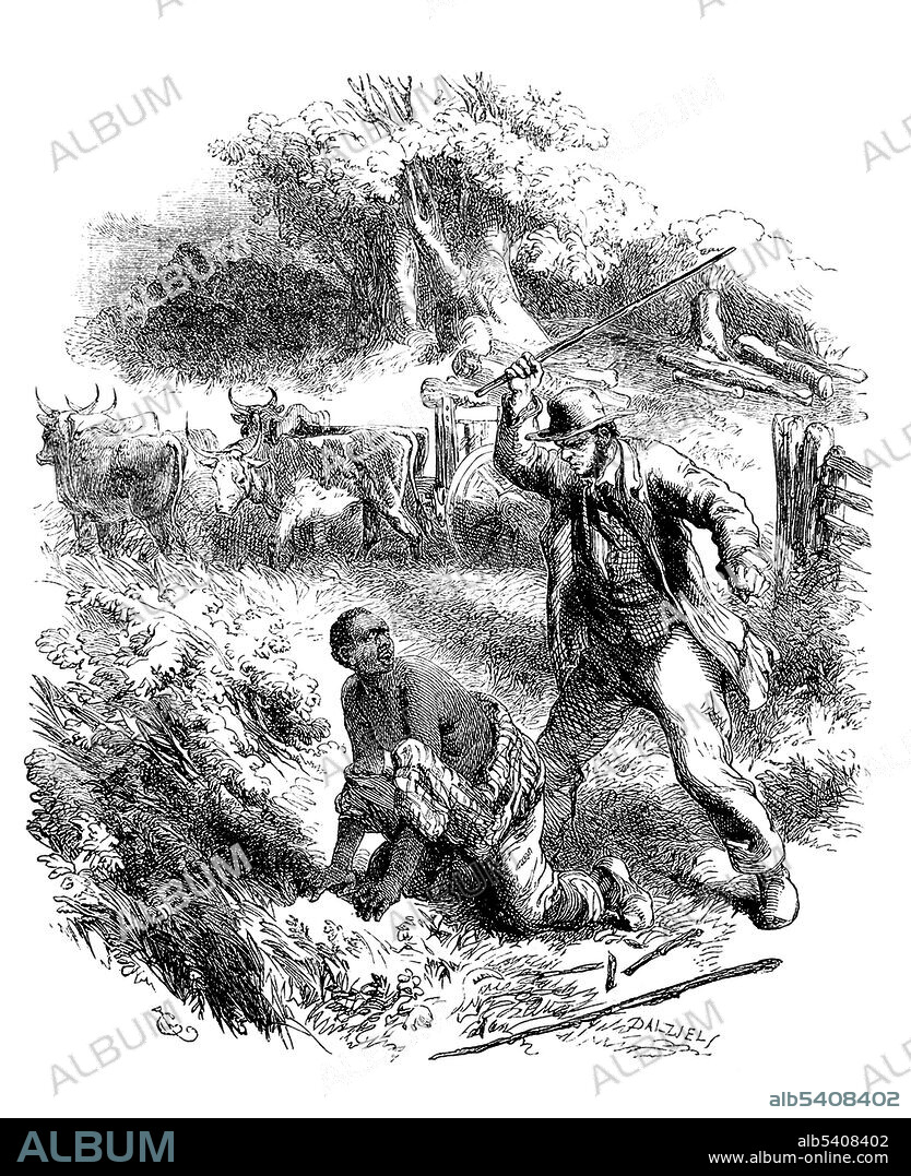 Narrative of the Life of Frederick Douglass is memoir and treatise on abolition written by Frederick Douglass, 1845  This images illustrates what he describes in chapters 10 and 11. Douglass, aged 10-11, is a field hand and has an especially hard time at the tasks required of him. He is harshly whipped almost on a weekly basis, apparently due to his awkwardness. He is worked and beaten to exhaustion, which finally causes him to collapse one day while working in the fields. Because of this, he is brutally beaten once more by Edward Covey, known as a negro-breaker, who breaks the will of slaves. The Uncle Tom's Cabin Almanck, Or, Abolitionist Memento, 1852 (cropped and cleaned).