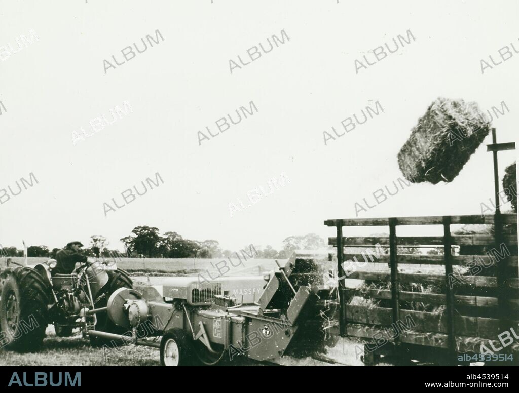 Photograph - Massey Ferguson, Mf31 Bale Thrower, circa 1950s, Photograph of tractor and hay bale thrower. a collection of photographs, moving film, artefacts, documents and trade literature relating to Massey Ferguson (Aust.) Ltd. The Australian operations of this company were originally founded as Hugh V. McKay in the 1890s. In 1930 it merged with Massey Harris's Australian operations to become H.V. McKay Massey Harris Pty Ltd.