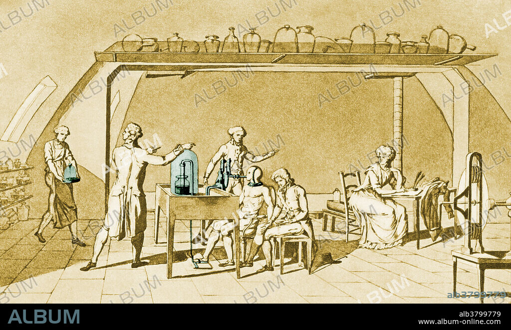 This drawing by Antoine-Laurent Lavoisier's wife and collaborator, Marie-Anne Pierrette Paulze (1758-1836), shows an experiment in human respiration. Lavoisier (1743-1794) was a French chemist. He is considered the founder of modern chemistry. He was instrumental in the use of accurate measurement in chemistry for the study of the composition of materials, oxidation and other combustion reactions. Lavoisier deduced that air consisted of oxygen and nitrogen. His book Methods of Chemical Nomenclature of 1787 set the method of naming substances by their composition of elements, which is still used today. Color enhancement of BN2293.