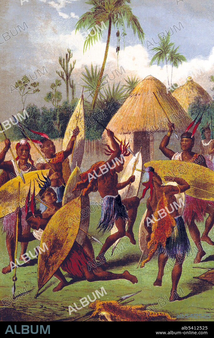 Kaffir war dance. A war dance is a dance involving mock combat, usually in reference to tribal warrior societies where such dances were performed as a ritual connected with endemic warfare.  During the Colonial period the kaffir word was used to describe all black people in the region. This included many ethnic groups, such as the Zulu, Xhosa, Sotho, Tswana and others.  Image from "Stanley and Africa" by Henry Morton Stanley, 1890.