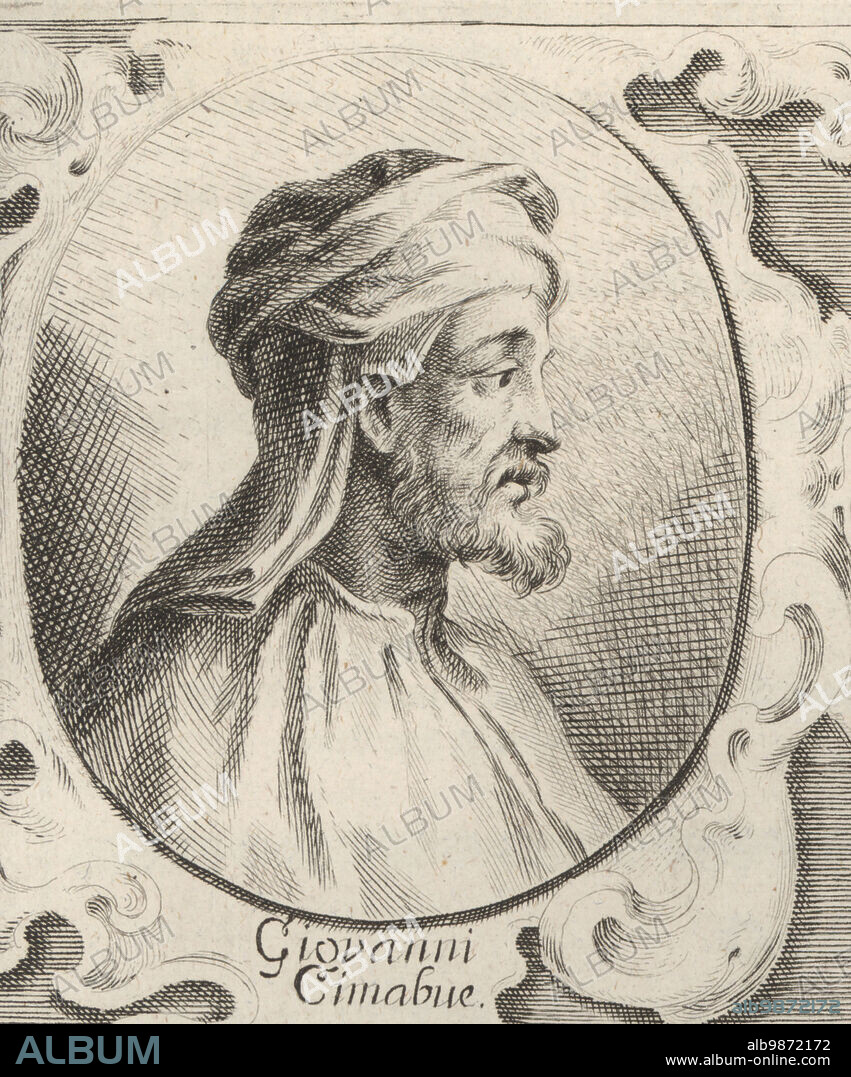 Giovanni Cimabue, or Cimabue, also known as Cenni di Pepo or Cenni di Pepi, Italian painter and designer of mosaics from Florence, c.1240-1302. Copperplate engraving by Georg Christoph Eimmart after an illustration by Joachim von Sandrart from his LAcademia Todesca, della Architectura, Scultura & Pittura, oder Teutsche Academie, der Edlen Bau- Bild- und Mahlerey-Kunste, German Academy of Architecture, Sculpture and Painting, Jacob von Sandrart, Nuremberg, 1675.