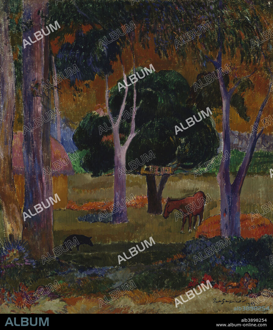 PAUL GAUGUIN. Paysage de la Dominique, ou Paysage avec Cochon et Cheval / Landscape with a Pig and a Horse (Hiva Oa). Date/Period: 1903. Painting. Oil on canvas. Height: 75 cm (29.5 in); Width: 65 cm (25.5 in).