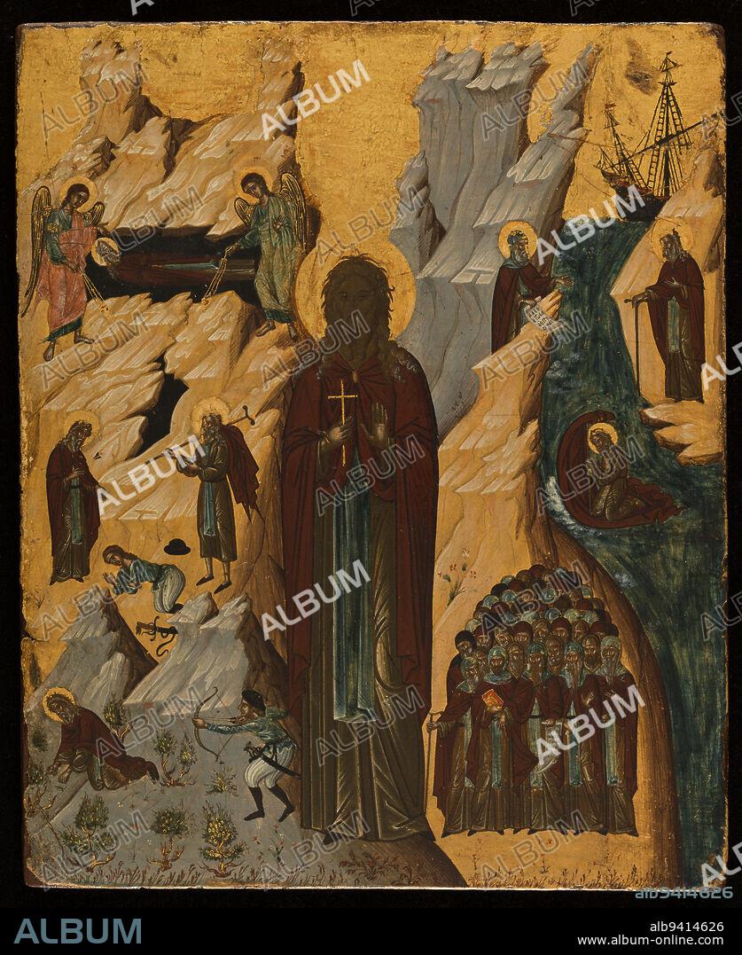 Saint John the Hermit and scenes from his life, Cretan School, Painter, Between 1600 and 1700, 1st half of the 17th century, Painting, Icon, Tempera, Wood (material), Dimensions - Work: Height: 34.5 cm, Width: 28.2 cm.