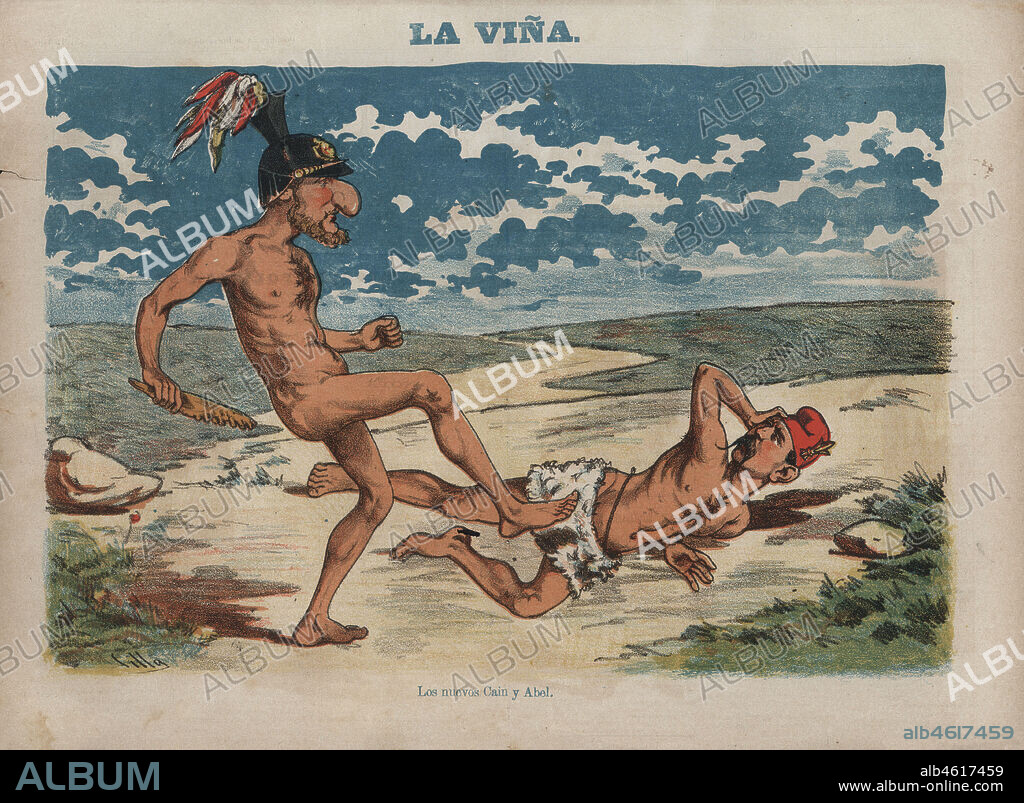 FRANCISCO RAMóN CILLA PéREZ. Dibujo político satírico publicado en el periódico La Viña. Disputa política representada por Adán y Eva. Año 1883.