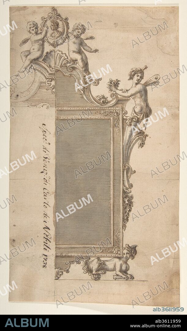 Design for Mirror Frame. Artist: Giovanni Battista Natali III (Italian, Pontremoli, Tuscany 1698-1765 Naples). Dimensions: sheet: 13 3/4 x 8 in. (34.9 x 20.3 cm). Date: ca. 1720-40.
This beautiful design for a mirror was made by the Italian artist Giovanni Battista Natali III. He has drawn one half of the mirror in full detail, and only suggested certain details for the other half where changes to the design could be considered. The mirror is rendered in a late Baroque style, which places it relatively early in Natali's career. His later designs show the emergence of the new Rococo style which culminates in his involvement in the production of the so-called Salottino di Porcellana (Small Porcelain Room) for the Queen of Naples, Maria Amalia of Saxony. Not much is known about Natali's career, which can partly be credited to the fact that he was active in various art disciplines in different cities throughout Italy, making it difficult to trace his oeuvre. He was, moreover, also involved in the production of artworks of an ephemeral nature, such as set pieces for festivals and the theater which were usually destroyed after they had served their purpose. The 18th-century Italian inscription on this sheet attributes its design to the Venetian artist Carlo de' Nobili, demonstrating that even though in this case the work of art has survived, its author was forgotten relatively soon after its creation.