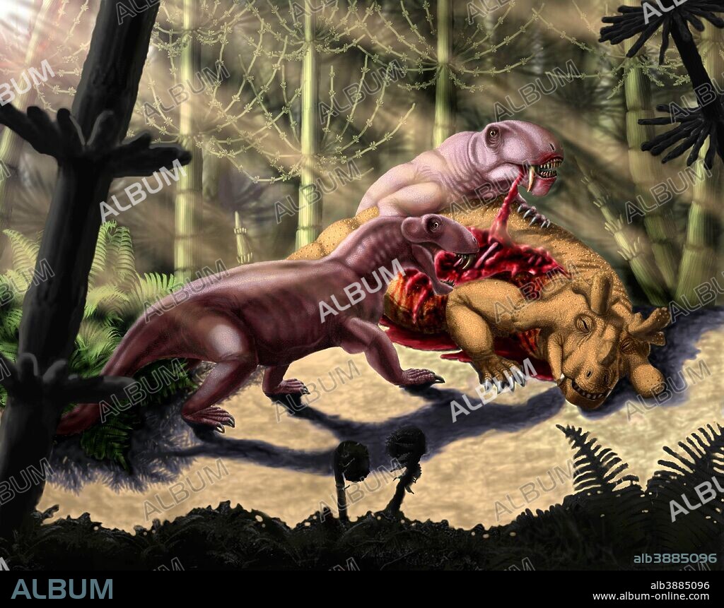 Predators Biarmosuchus tener eating the flesh of a Estemmenosuchus mirabilis.