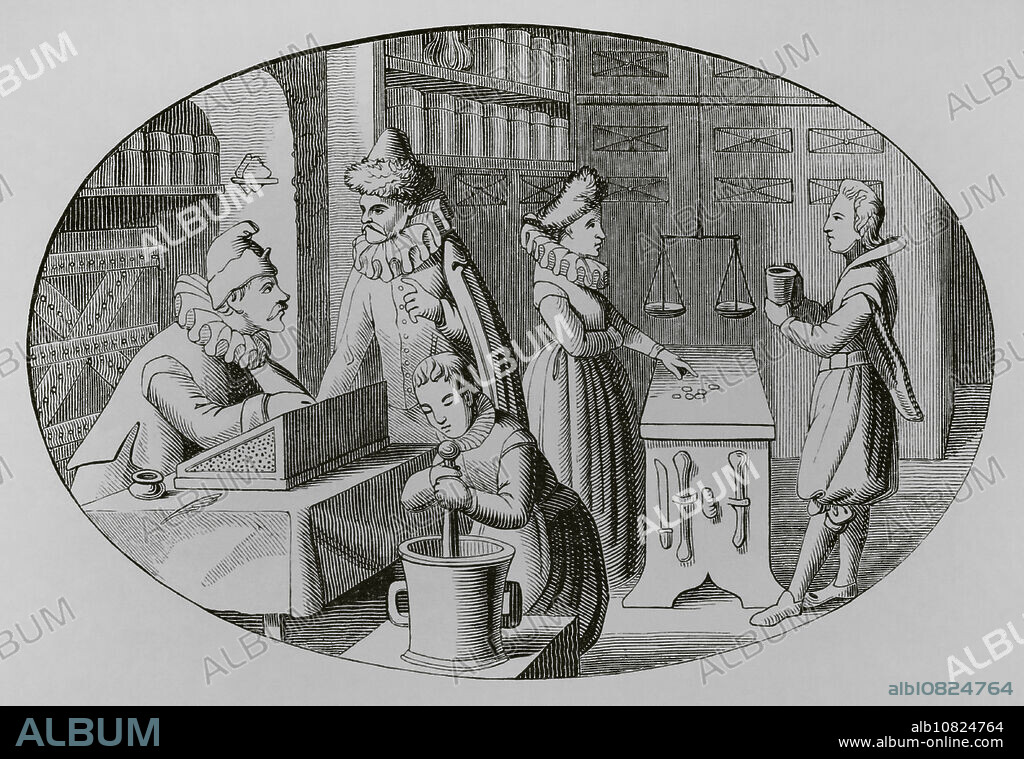 Comercio de un tendero-boticario francés, siglo XVI. Grabado a partir de una ilustración de Jean de Vries en el siglo XVI. "Moeurs, usages et costumes au moyen-âge et à l'époque de la Renaissance", por Paul Lacroix. París, 1878.
