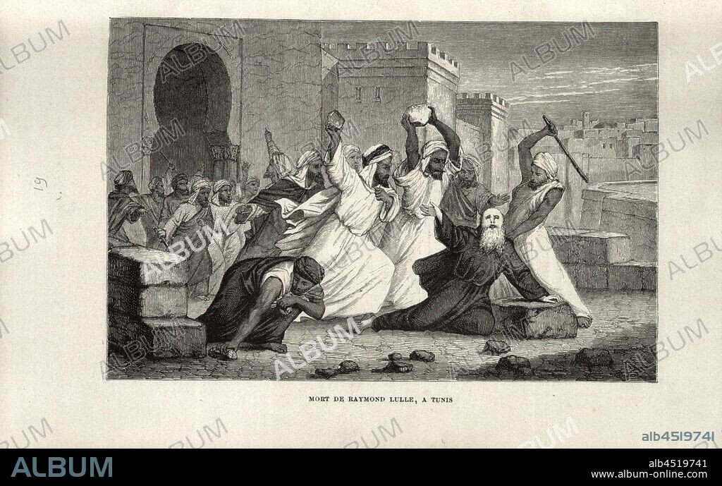 Death of Ramond Lulle, in Tunis, Stoning by Ramon Llull in Tunis, plate 19, after p. 254 (vol. 2), 1867, Louis Figuier: Savants du moyen âge. Geber, Mesué, Rhasès, Avicenne, Averroès, Abulcasis, Albert le Grand, Thomas d'Aquin, Roger Bacon, Vincent de Beauvais, Arnauld de Villeneuve, Raymond Lulle, Guy de Chauliac, Gutenberg, Fust et Schoeffer, Christophe Colomb, Amèric Vespuce. Paris: librairie internationale; à Bruxelles, à Leipzig & à Livourne, 1867.