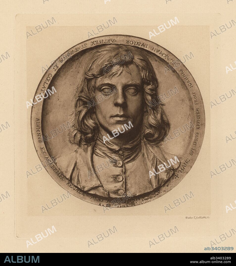 Self-portrait of John Flaxman in terracotta. Engraving by Walter L. Colls from Frederick Rathbone's Old Wedgwood, the Decorative or Artistic Ceramic Work Produced by Josiah Wedgwood, Quaritch, London, 1898.