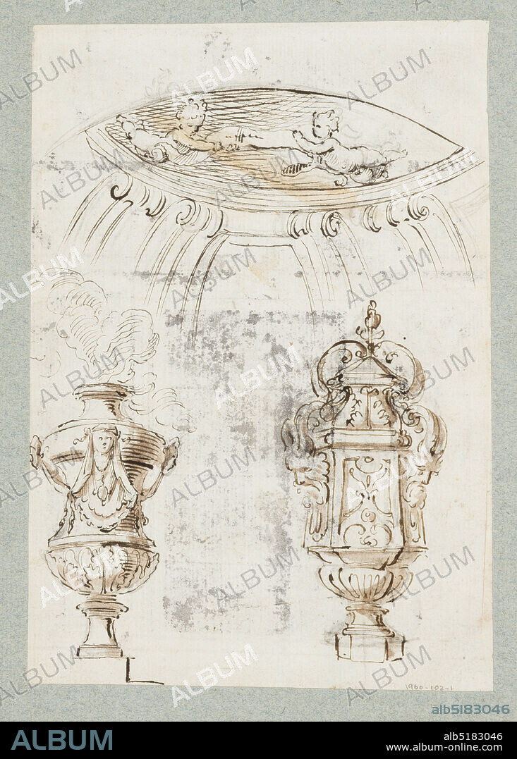 Design for a Garden, Gilles-Marie Oppenord, French, 16721742, Pen and brown ink with gray and brown washes on laid paper., Vertical rectangle., Recto: A garden doorway, flanked by atlantes and surmounted by a balustrade flanked by urn fountains and supporting an escutcheon held by putti with ducal arms. A figure seen through the door., Verso: Two urns one developed into suite XI plate 9, and a section of a circular ceiling cove showing two putti holding a ribbon, possibly Inspired by the vault decorations of S. Carlo ai Catinari, Rome., One sheet of paper drawn on recto and verso, mounted onto an album page with window cutout to see verso., France, 169299, albums (bound) & books, Album page, Album page.