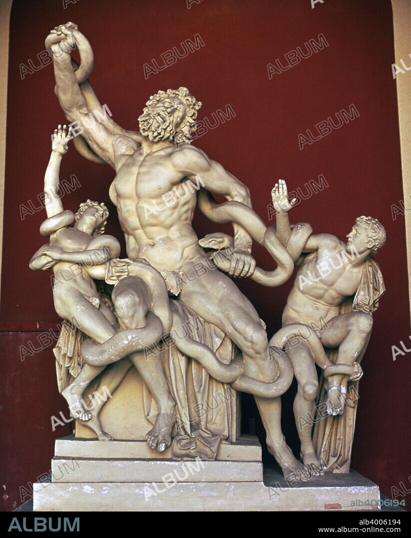 Laocöon group sculpture, of Laocöon and his sons being devoured by serpents belonging to Athena to prevent them from breaking into the Trojan Horse, which he was suspicious of. from the Vatican Museum's collection in Rome, 1st century BC.
