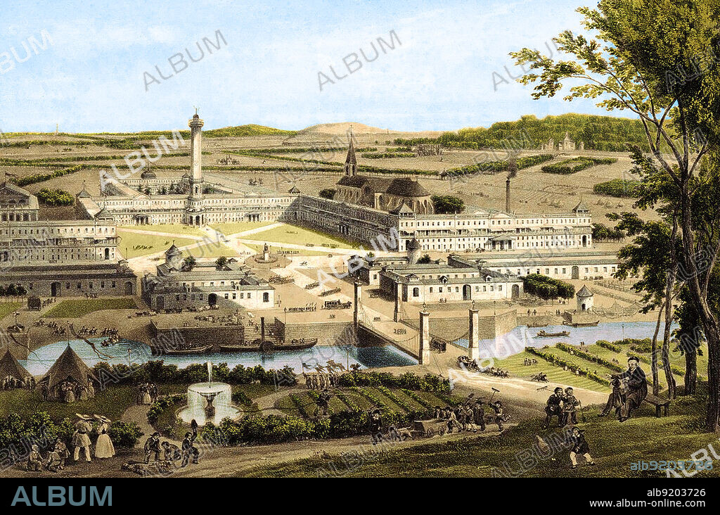 A phalanstère or phalanstery was a type of building designed for a self-contained utopian community, ideally consisting of 500-2000 people working together for mutual benefit, and developed in the early 19th century by Charles Fourier. Fourier (1772-1837) was a French philosopher and one of the founders of utopian socialism. He is credited with having originated the word feminism in 1837. Colorized.