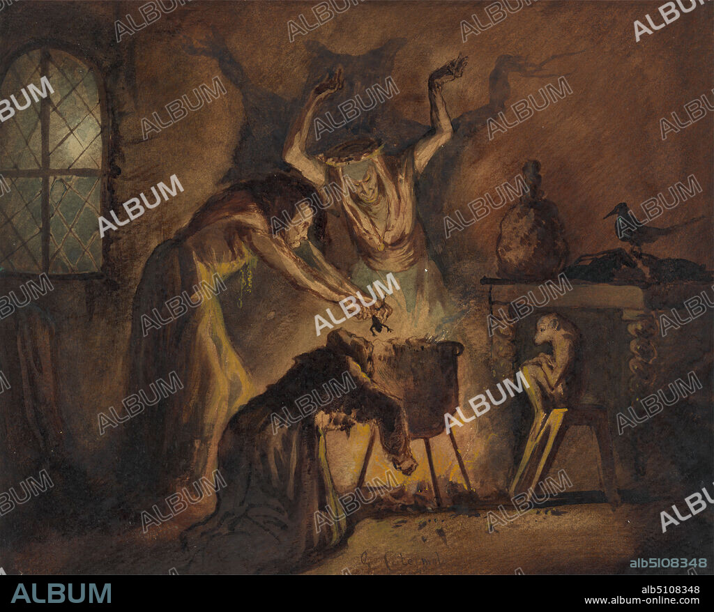 Scene of Three Witches from Shakespeare's Macbeth, George Cattermole, 18001868, British, 1840, Watercolor and gouache on moderately thick, moderately textured, beige wove paper, Sheet: 9 3/4 x 12 inches (24.8 x 30.5 cm), cauldrons, fire, Macbeth, Act IV, Scene I, monkey (animal), newt, raven, shadows, window, witches.