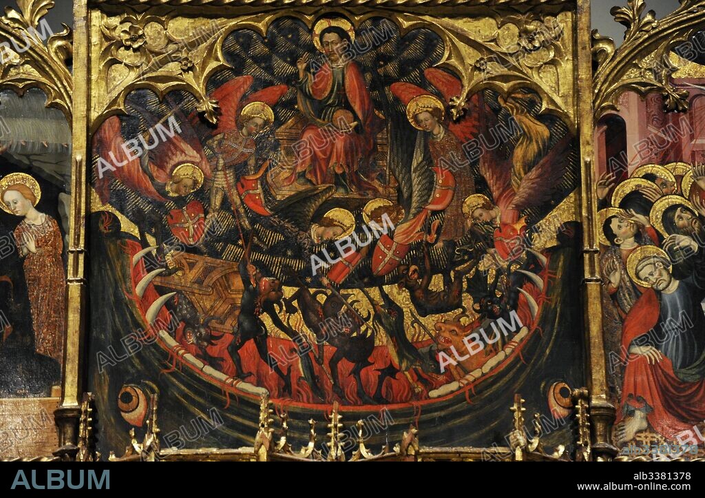 Retablo de San Miguel y San Pedro, 1432-1433. Detalle con la representación de la Batalla final entre ángeles y demonios según el Libro de Apocalipsis. Obra de Bernat Despuig (documentado 1383-1451) y Jaume Cirera (activo 1418-1449/1450). Procede del altar mayor de la Iglesia de San Miguel (La Seu d'Urgell, provincia de Lleida). Museo Nacional de Arte de Cataluña. Barcelona. Cataluña. España.