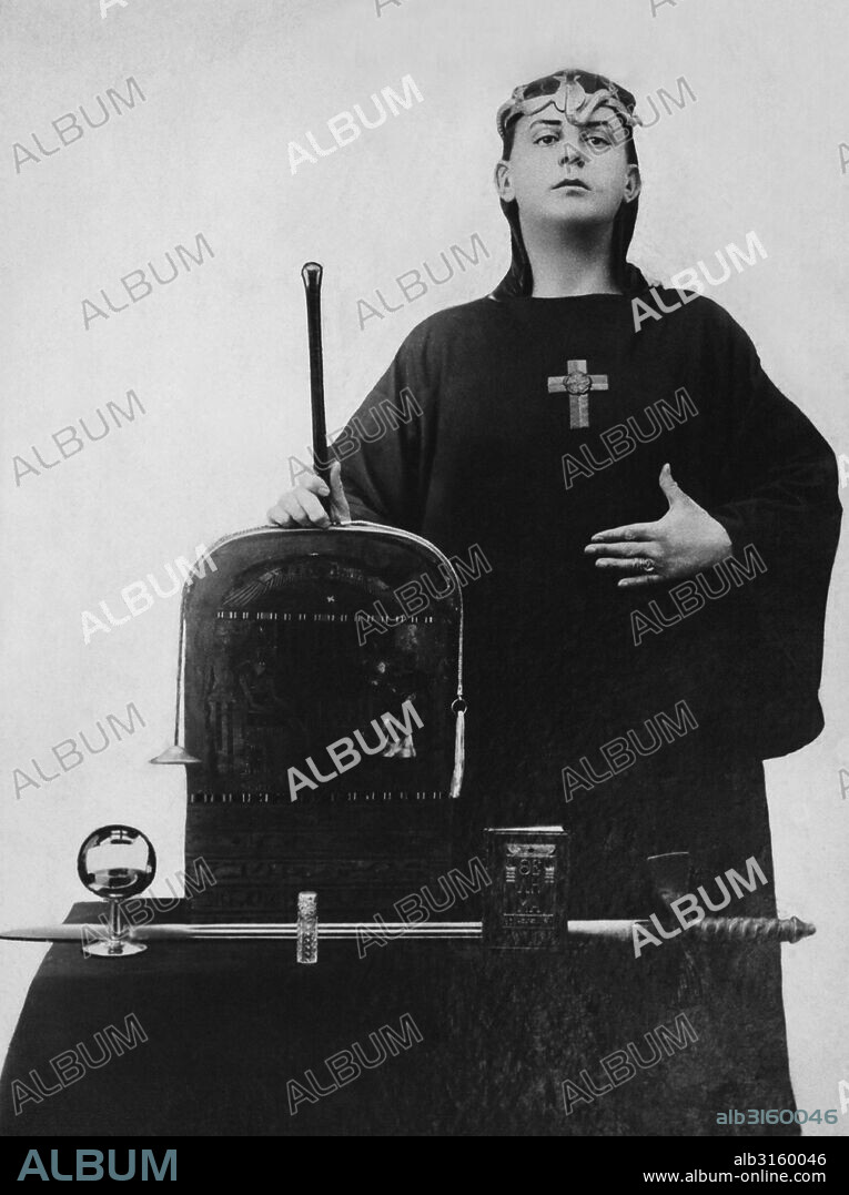 England: 1912 A portrait of occultist Aleister Crowley in ceremonial clothing.