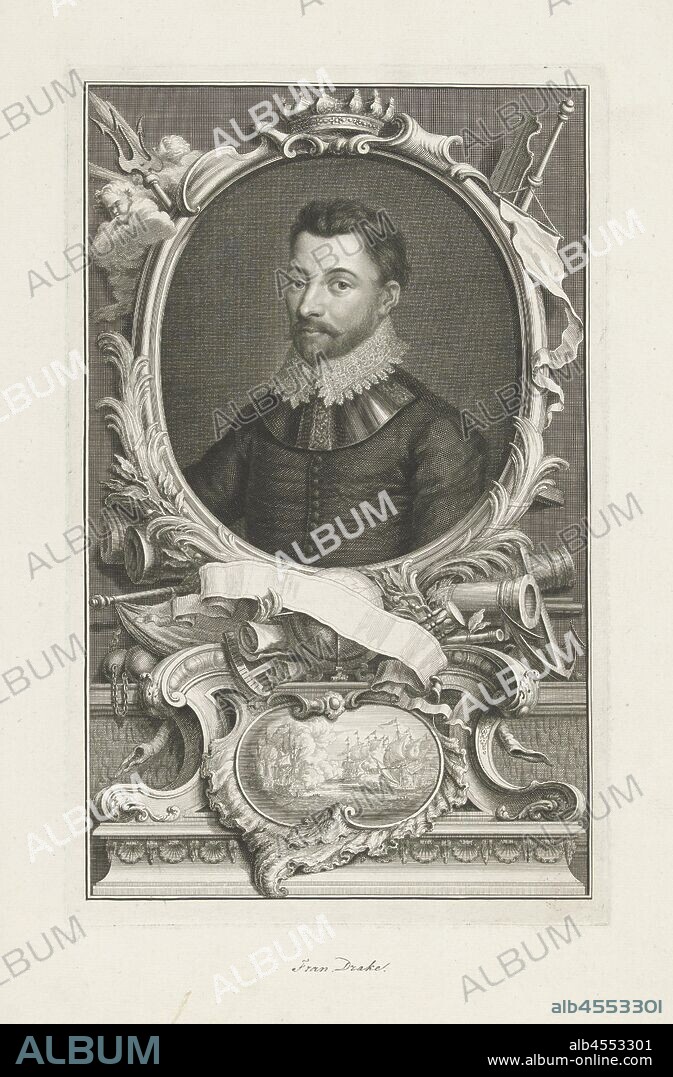 Portrait of Francis Drake, Portrait of the Admiral Francis Drake, with underneath the portrait a cartouche depicting a naval battle, surrounded with guns and nautical (measuring) instruments, Francis Drake (1540-1596 ), Jacob Houbraken (mentioned on object), Amsterdam, 1741 - 1743, paper, pen, h 363 mm × w 229 mm.