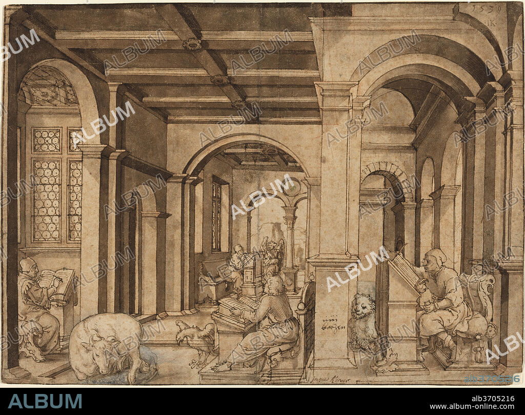 MASTER I. K.. Four Evangelists in a Scriptorium. Dated: 1539. Dimensions: overall: 27.3 x 38.1 cm (10 3/4 x 15 in.). Medium: pen and brown ink with brown wash over red chalk on laid paper.