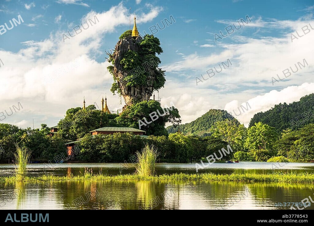 Kyauk Kalap pagoda on a rock, lake, monastery, Hpa-an, Kayin or Karen State, Myanmar, Asia.
