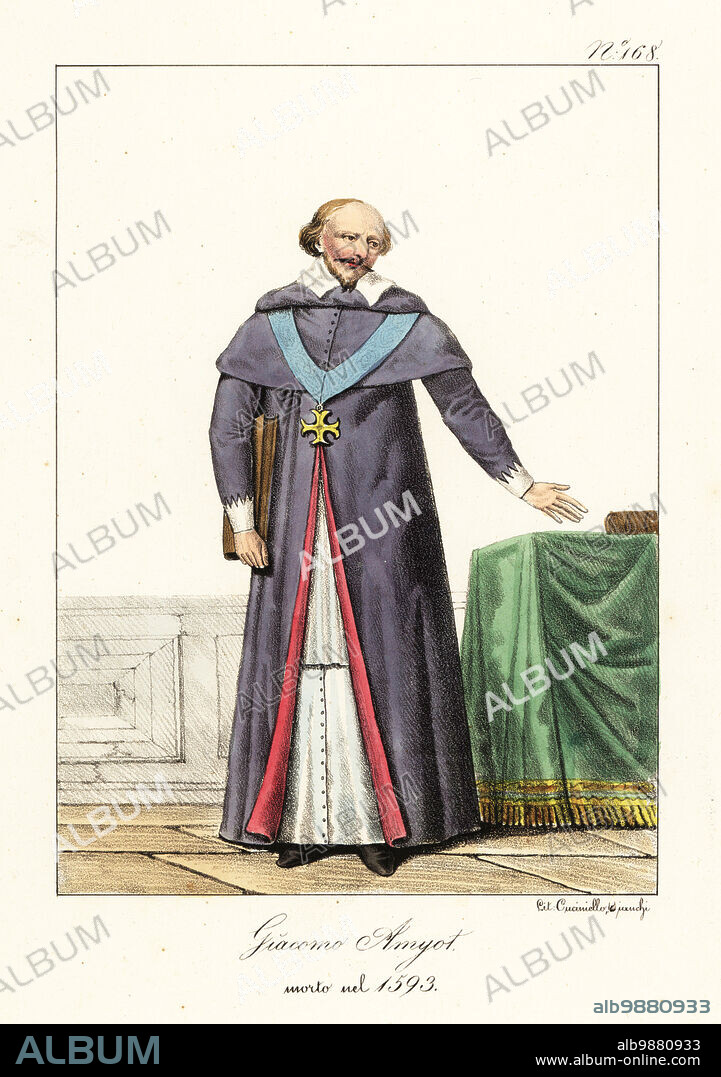 Jacques Amyot, French Renaissance writer and translator 1513-1593. In long purple robe with capelet, cross on a ribbon. Jacques Amyot mort en 1593. Handcoloured lithograph by Lorenzo Bianchi and Domenico Cuciniello after Hippolyte Lecomte from Costumi civili e militari della monarchia francese dal 1200 al 1820, Naples, 1825. Italian edition of Lecomtes Civilian and military costumes of the French monarchy from 1200 to 1820.