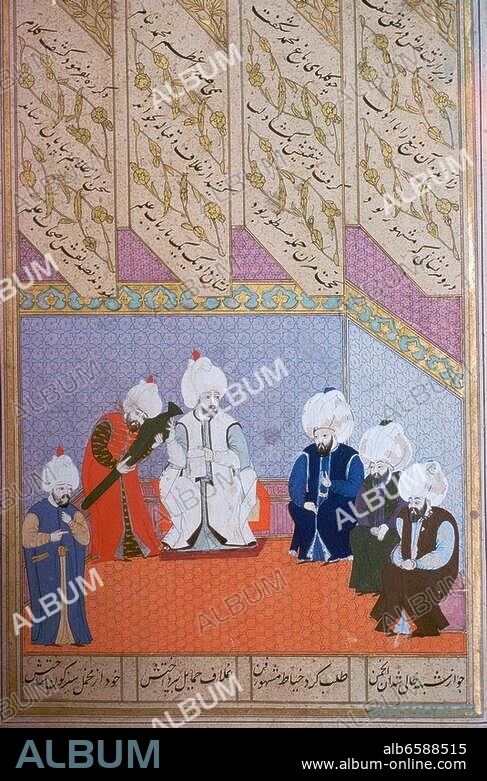 Murad III, 12e sultan de l'empire ottoman (1574-95), fils de Sélim II ; Manisa 4.7.1546 - 18.1.1595. Süleyman Baibars tend au grand-vizir d'Égypte l'épée du prophète pour l'offrir au sultan Murad III. Miniature turque, 16e s. D'un livre des rois (Shah-namêh) de Seyyid Loqman. Gouache sur papier. Ms FY 1404. Istanbul, Universitätsbibliothek.