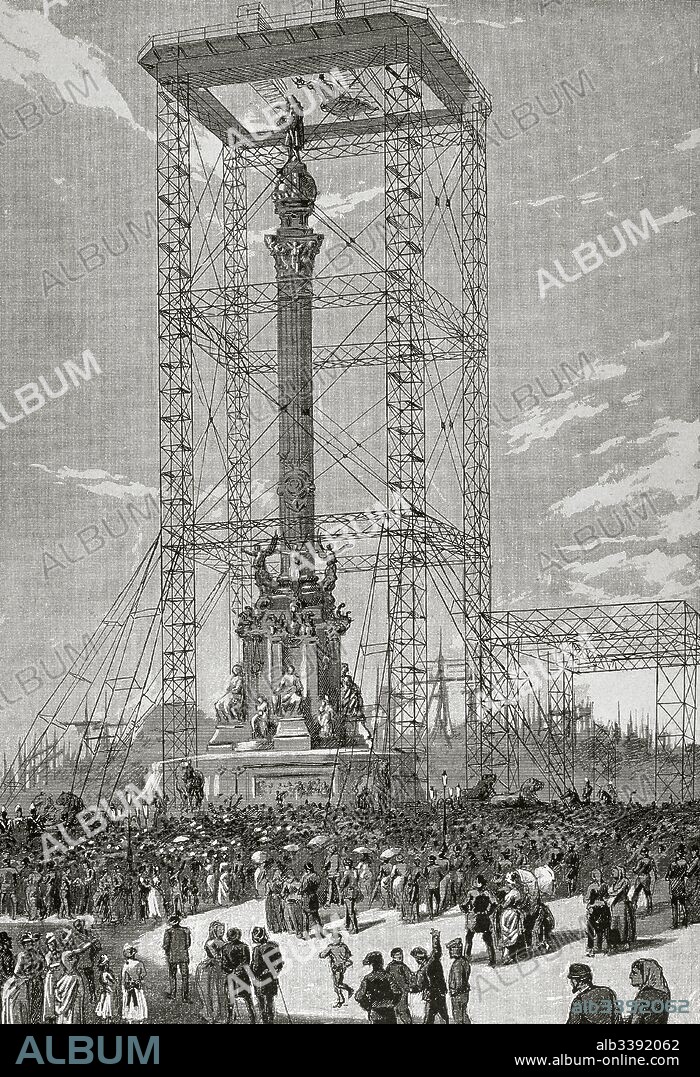Spain. Catalonia. Barcelona. Statue of Christopher Columbus (1451-1506), navigator, colonizer, and explorer, sculpted by Rafael Atche (1855-1923) for the monument to Columbus, built on the occasion of the Universal Exhibition of 1888. Inauguration of the monument. Engraving by J. Serra Pausas. "La Ilustracion Iberica",1888.